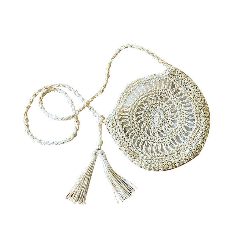 Handmade paper rope woven, round tassel crossbody woven bag, handmade crocheted flower and straw woven bag, beach bag, Thailand