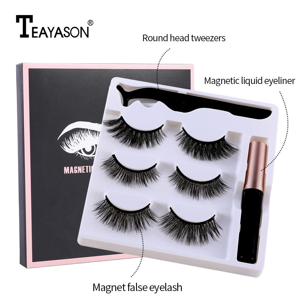 Cross-border magnet false eyelashes three pairs of self-adhesive liquid eyeliner set dense magnetic eyelashes set magnetic
