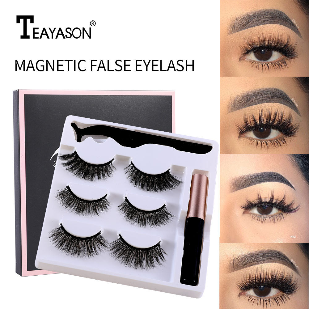 Cross-border magnet false eyelashes three pairs of self-adhesive liquid eyeliner set dense magnetic eyelashes set magnetic