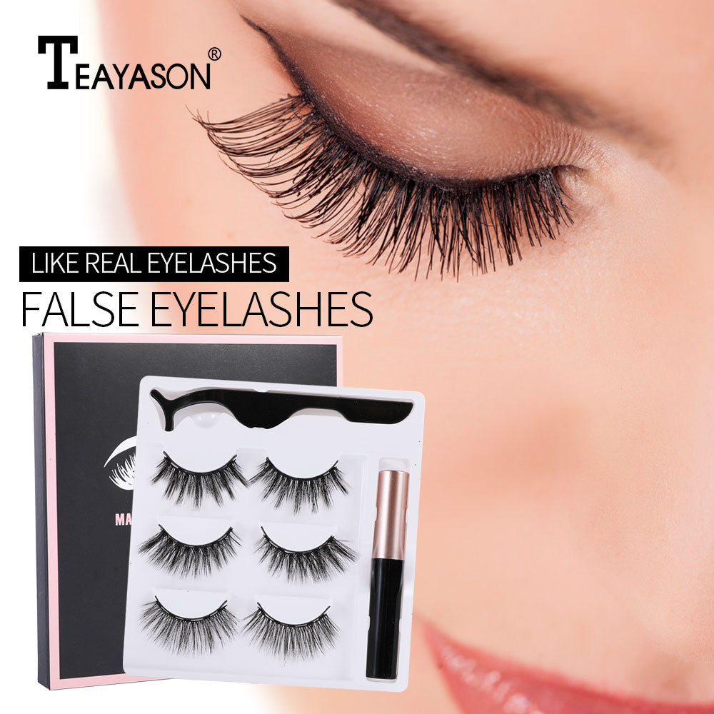 Cross-border magnet false eyelashes three pairs of self-adhesive liquid eyeliner set dense magnetic eyelashes set magnetic