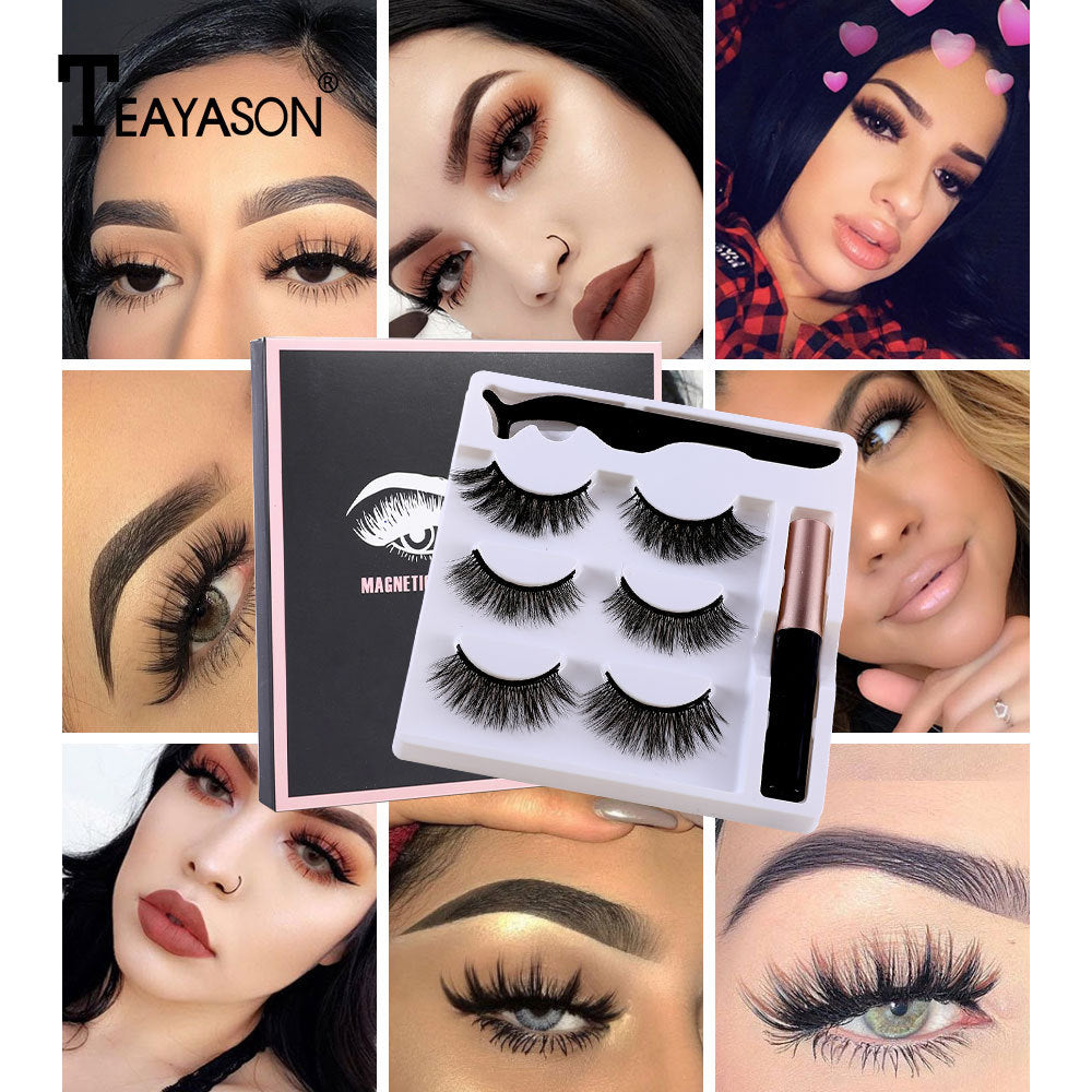 Cross-border magnet false eyelashes three pairs of self-adhesive liquid eyeliner set dense magnetic eyelashes set magnetic