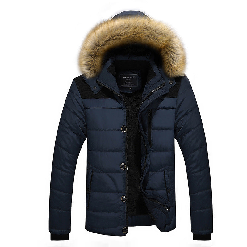 Amazon cross-border men's cotton-padded jacket plus fleece thick fur collar stitching cotton-padded jacket middle-aged men's cotton-padded jacket father's jacket jacket