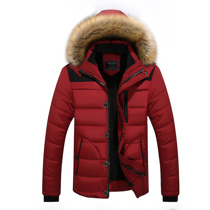 Amazon cross-border men's cotton-padded jacket plus fleece thick fur collar stitching cotton-padded jacket middle-aged men's cotton-padded jacket father's jacket jacket