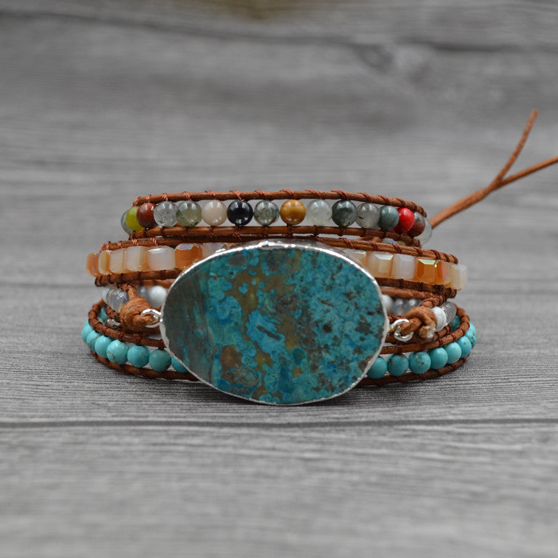 European and American retro foreign trade natural marine stone bracelet beaded natural stone weaving handmade bohemian bracelet