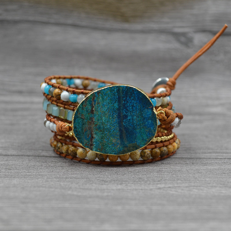 European and American retro foreign trade natural marine stone bracelet beaded natural stone weaving handmade bohemian bracelet