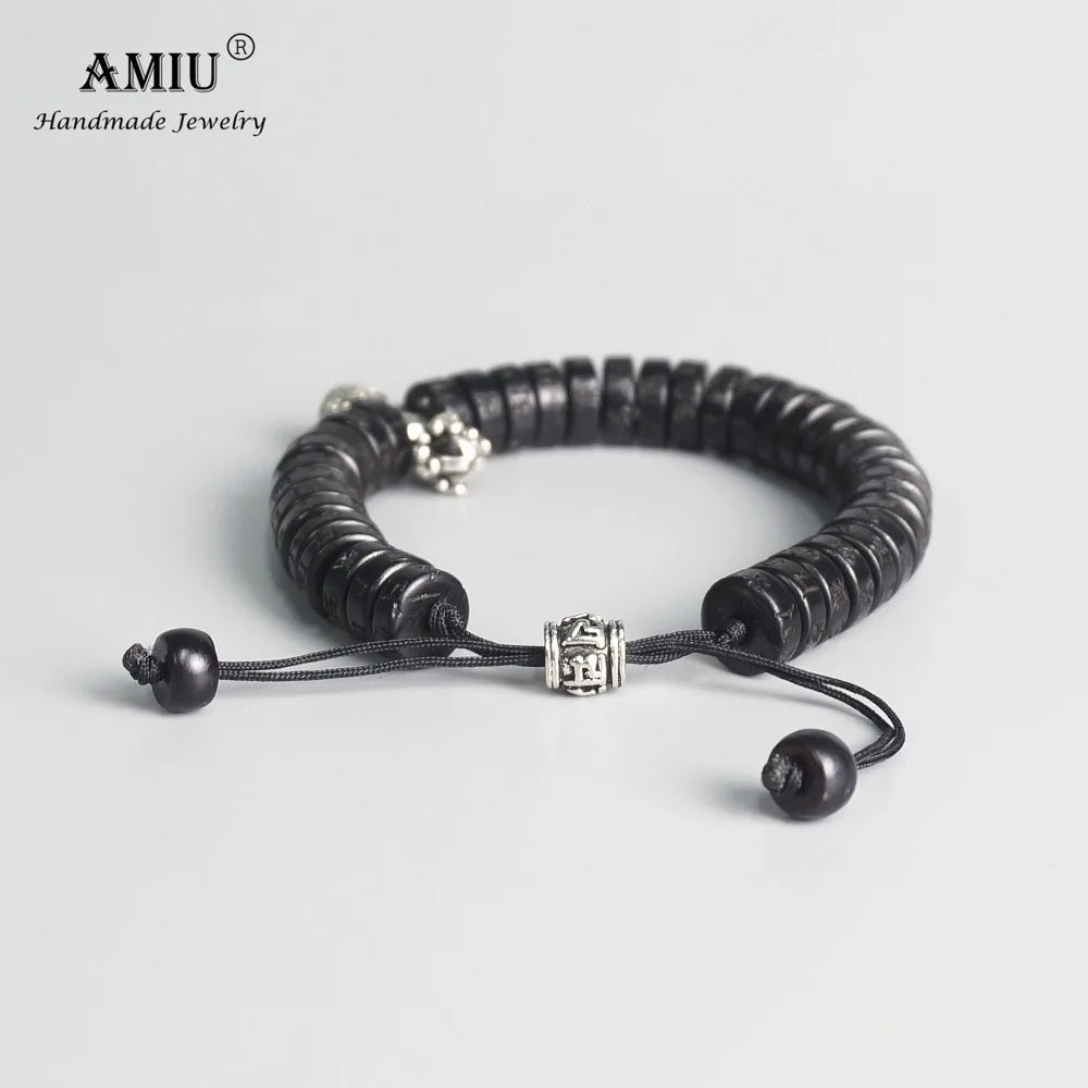 AMIU Tibetan buddhism Vajra Charm White Copper Prayer Bell Natural Coconut Shell Beads Handmade Bracelet For Man And Women
