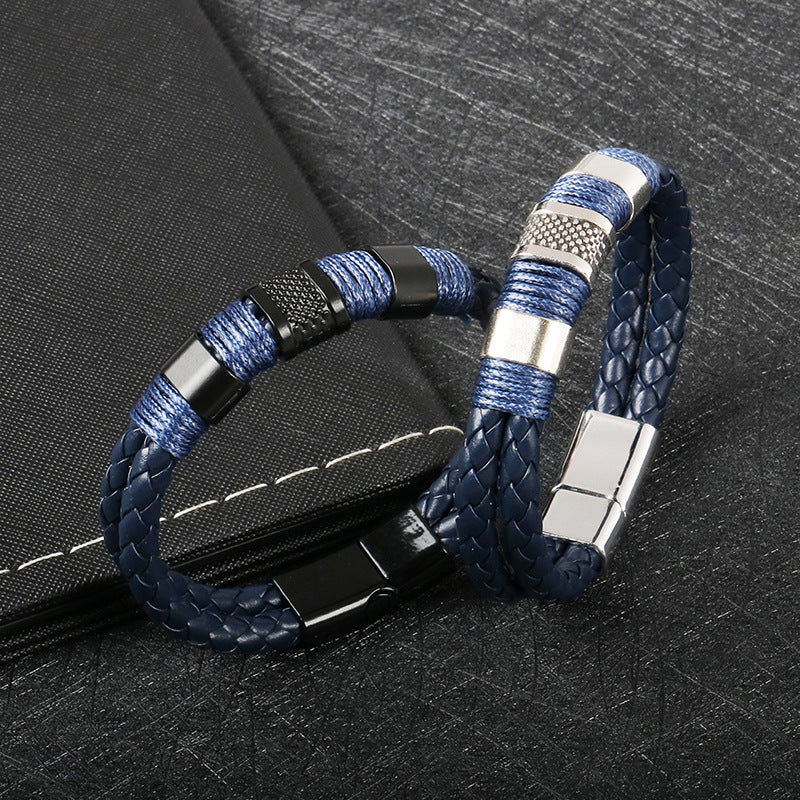 Leather bracelet men's cross-border double-layer leather bracelet stainless steel handmade magnetic buckle bracelet