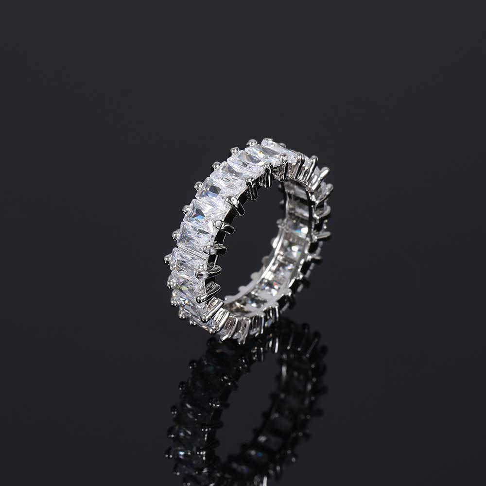 European and American hip-hop 6mm single-row T-square zircon ring real gold electroplating personality design hiphop men and women couple rings