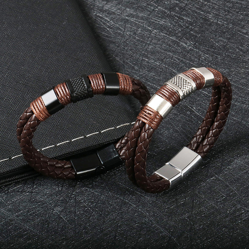 Leather bracelet men's cross-border double-layer leather bracelet stainless steel handmade magnetic buckle bracelet