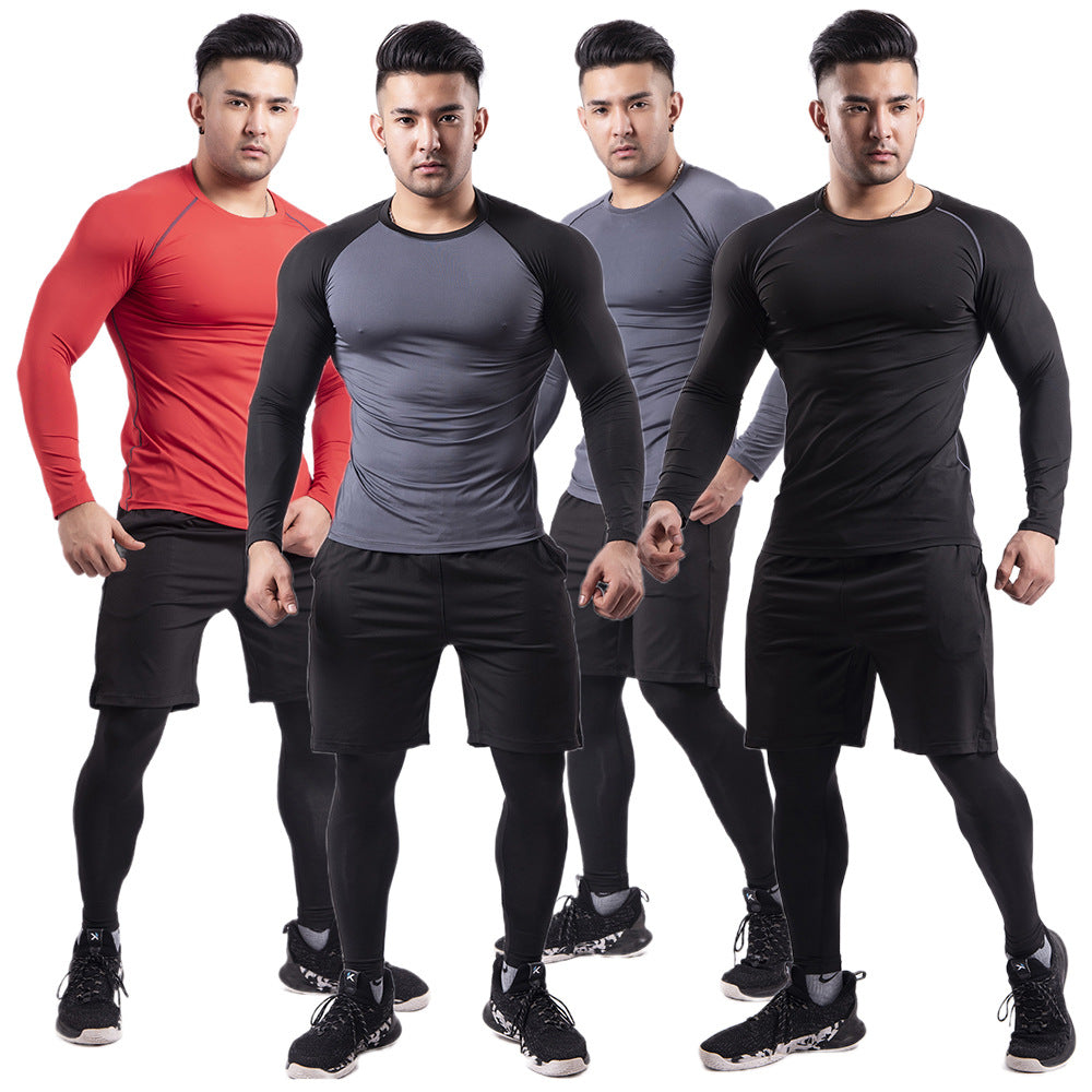 Velvet warm fitness clothes for men in autumn and winter high elastic breathable quick-drying clothes sweaty basketball running long-sleeved sportswear