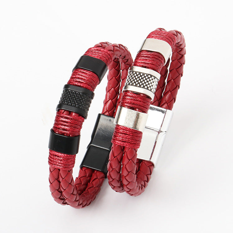 Leather bracelet men's cross-border double-layer leather bracelet stainless steel handmade magnetic buckle bracelet
