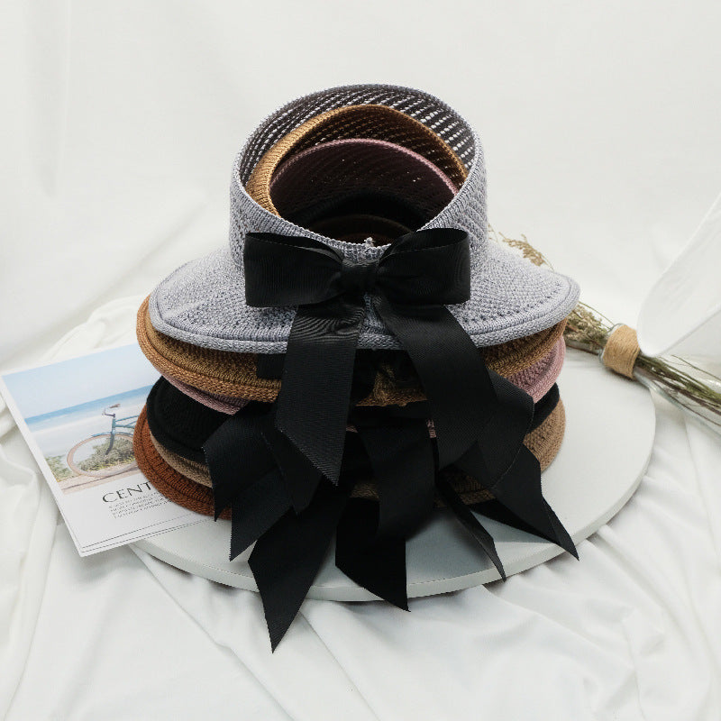2022 new summer hat women's sun hat empty top straw hat big brim bow foldable beach hat sun protection hat