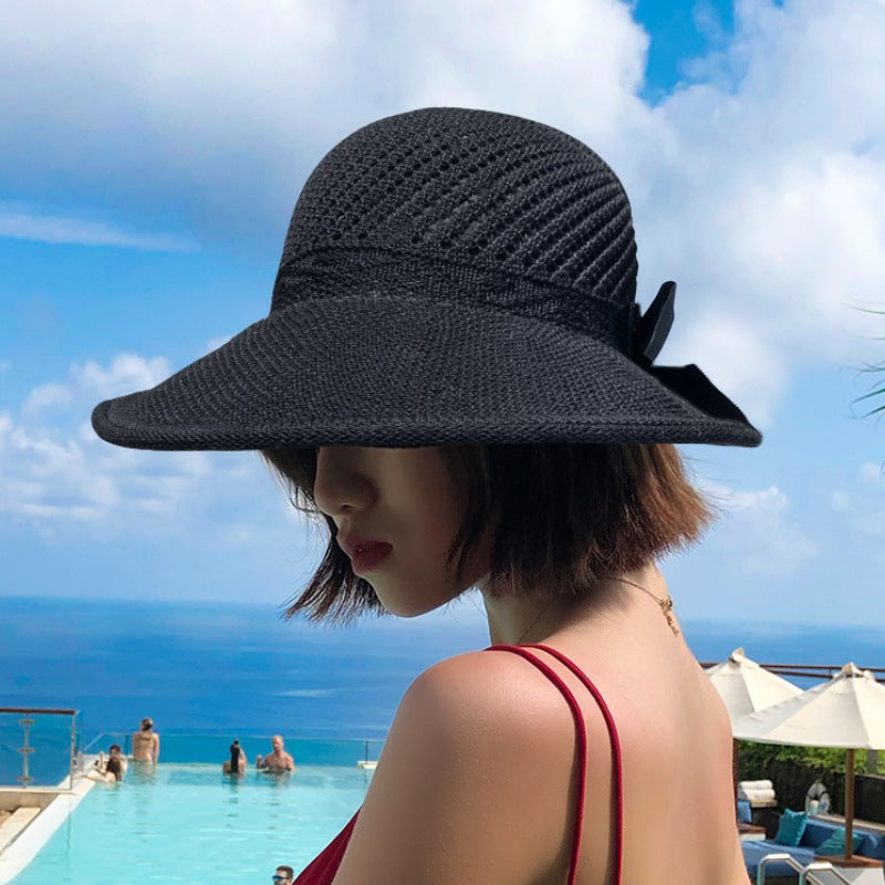 2022 new summer hat women's sun hat empty top straw hat big brim bow foldable beach hat sun protection hat
