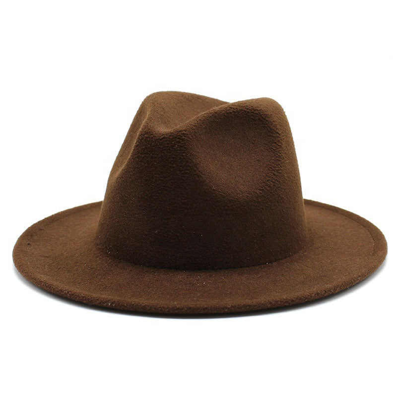Thickened high-quality cross-border solid-color felt hat men and women autumn and winter retro jazz hat European and American 7cm flat brim woolen hat