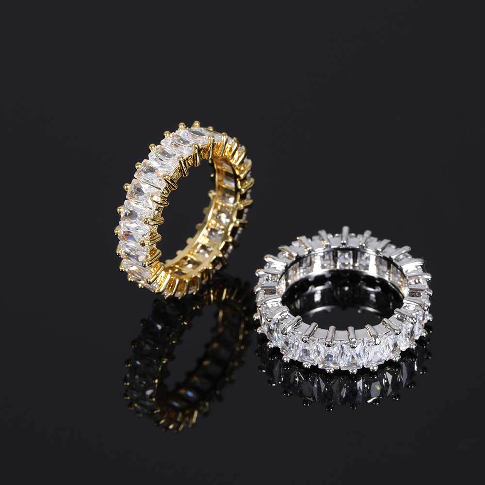 European and American hip-hop 6mm single-row T-square zircon ring real gold electroplating personality design hiphop men and women couple rings