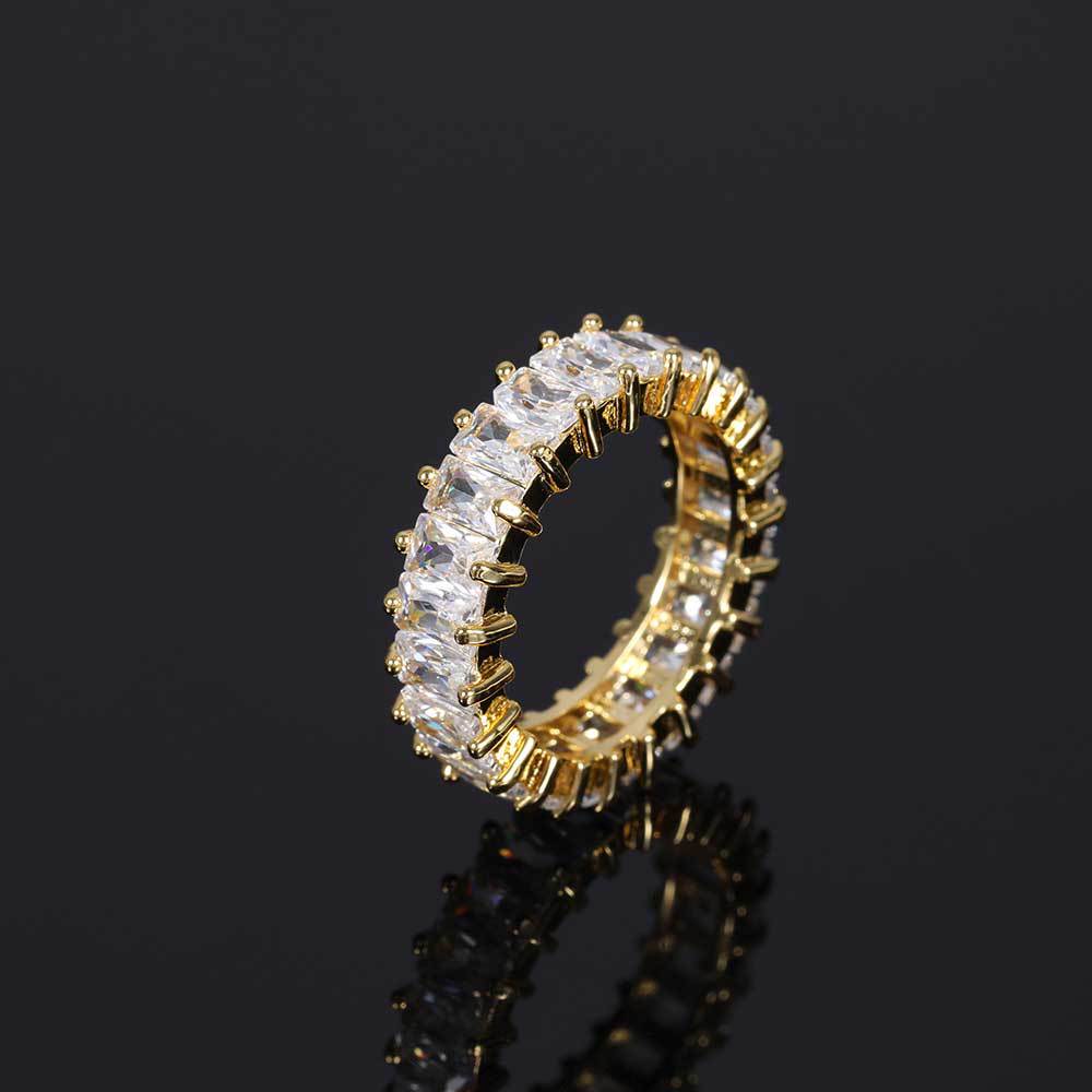 European and American hip-hop 6mm single-row T-square zircon ring real gold electroplating personality design hiphop men and women couple rings