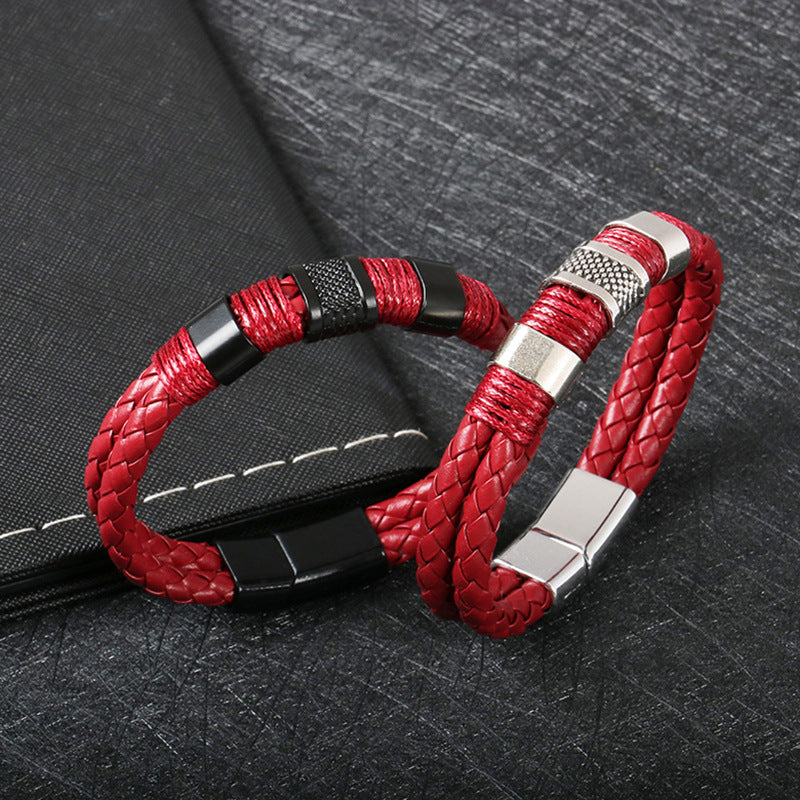Leather bracelet men's cross-border double-layer leather bracelet stainless steel handmade magnetic buckle bracelet