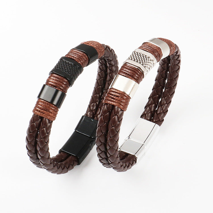 Leather bracelet men's cross-border double-layer leather bracelet stainless steel handmade magnetic buckle bracelet