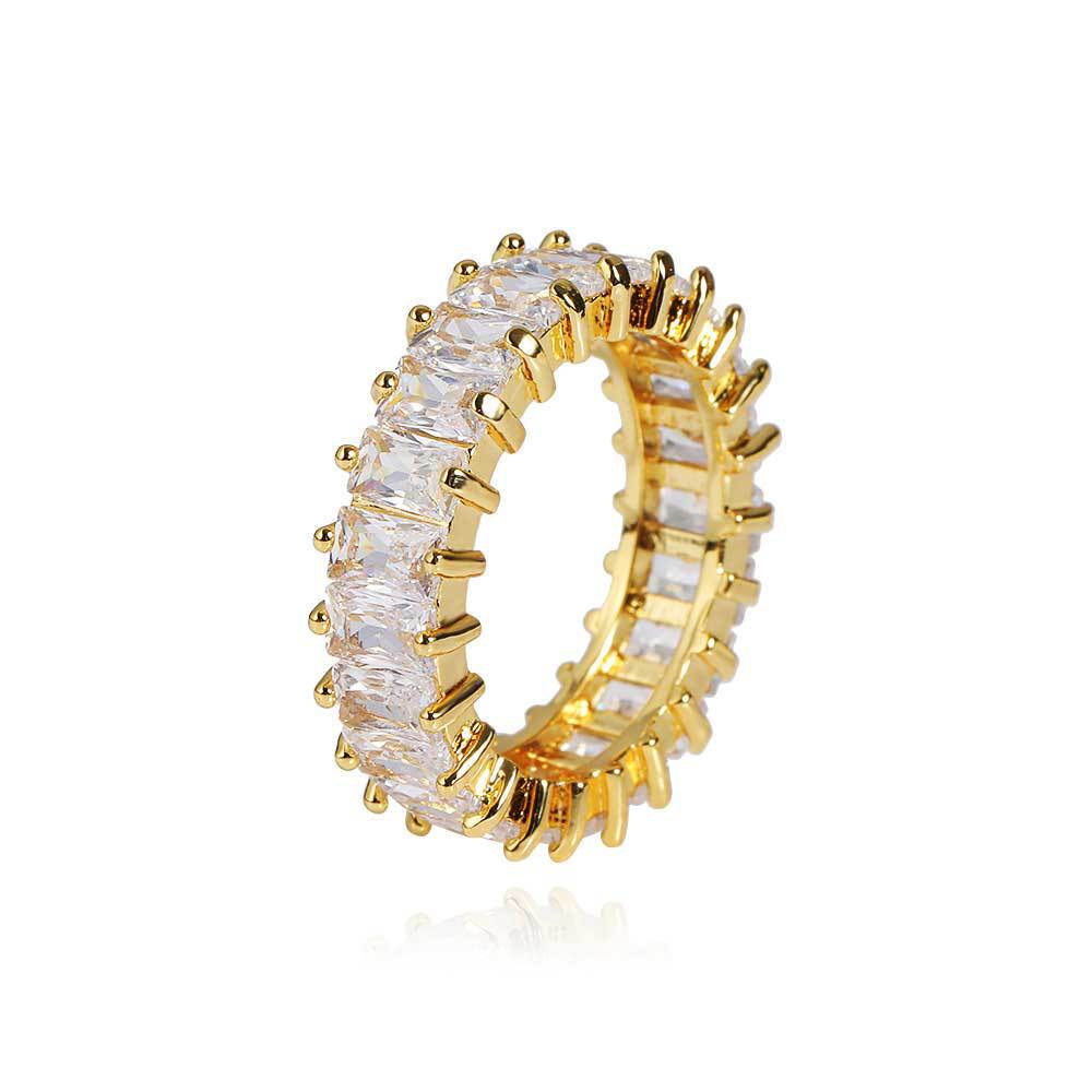 European and American hip-hop 6mm single-row T-square zircon ring real gold electroplating personality design hiphop men and women couple rings