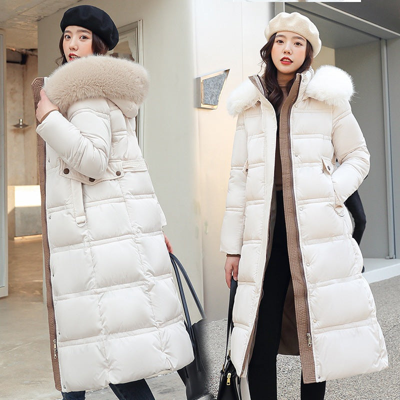 2024 Winter New Down Cotton Jacket Women's Long Over-the-Knee Large Fur Collar Cotton Jacket Thickened Loose Large Size Cotton Jacket Jacket