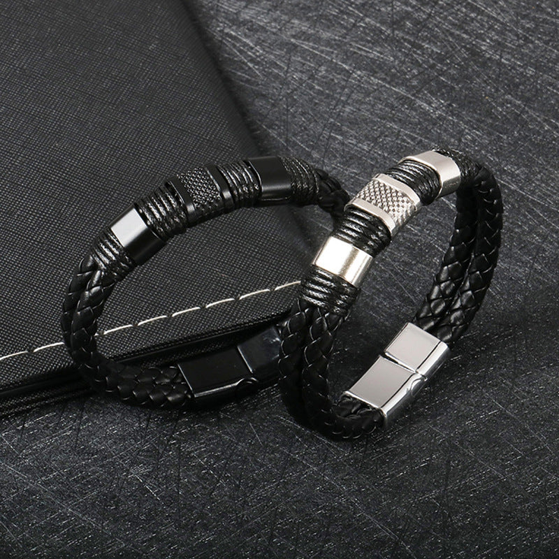 Leather bracelet men's cross-border double-layer leather bracelet stainless steel handmade magnetic buckle bracelet