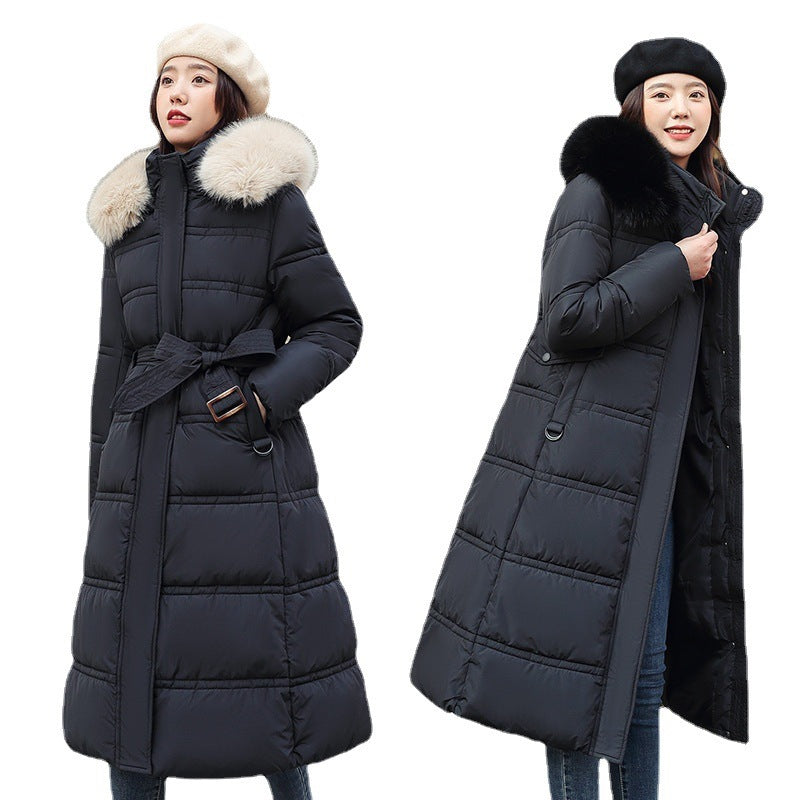 2024 Winter New Down Cotton Jacket Women's Long Over-the-Knee Large Fur Collar Cotton Jacket Thickened Loose Large Size Cotton Jacket Jacket