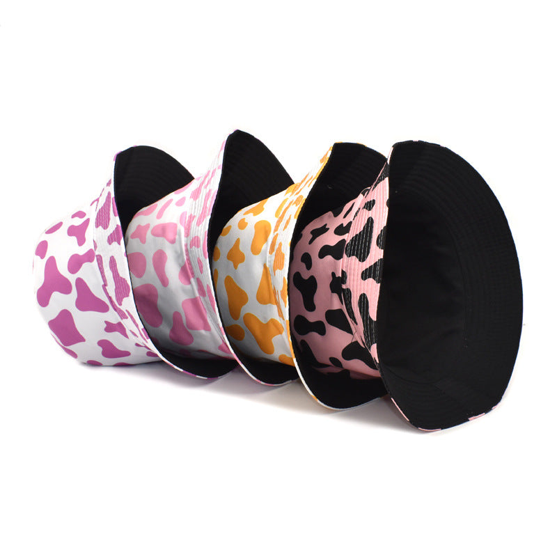 Cross-border new cow print fisherman hat for women, Korean style double-sided basin hat for men, summer outdoor sun hat, trendy
