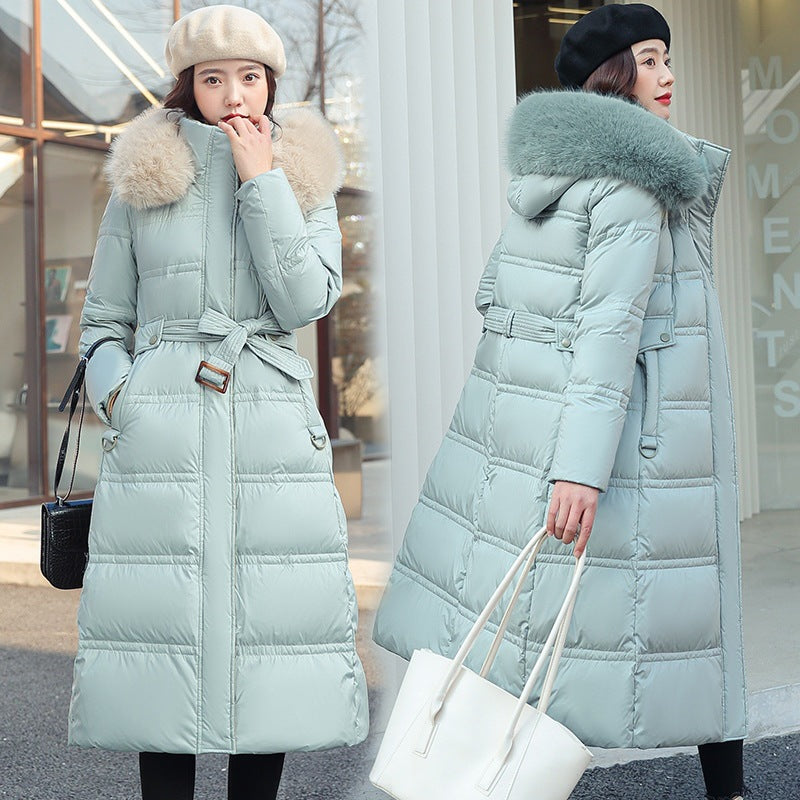 2024 Winter New Down Cotton Jacket Women's Long Over-the-Knee Large Fur Collar Cotton Jacket Thickened Loose Large Size Cotton Jacket Jacket
