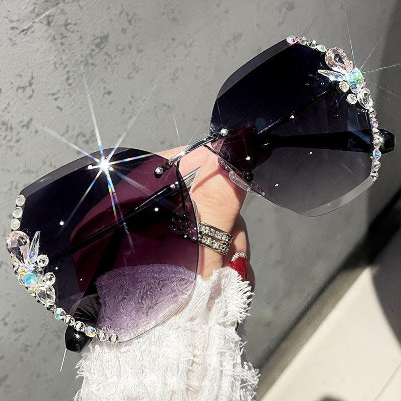 2025 new cross-border hot-selling diamond-encrusted women's sunglasses Korean version of the tide anti-ultraviolet sun glasses big face sunscreen summer