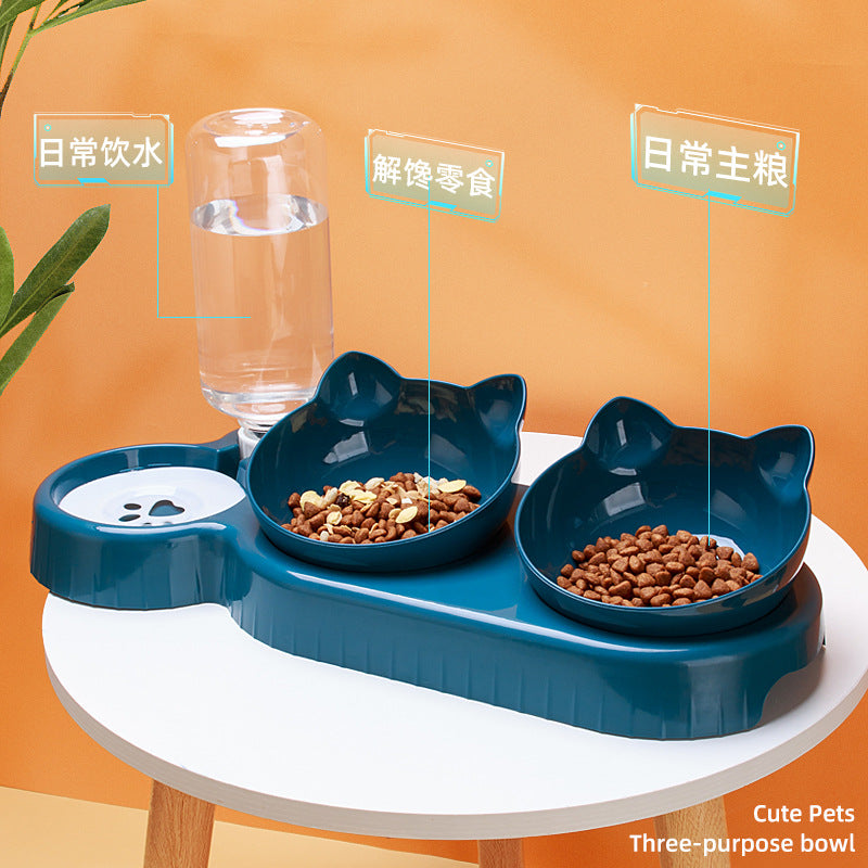 Cat bowl cat food bowl double bowl to protect the cervical vertebra automatic drinking water bowl anti-knockover cat food bowl dog pet supplies