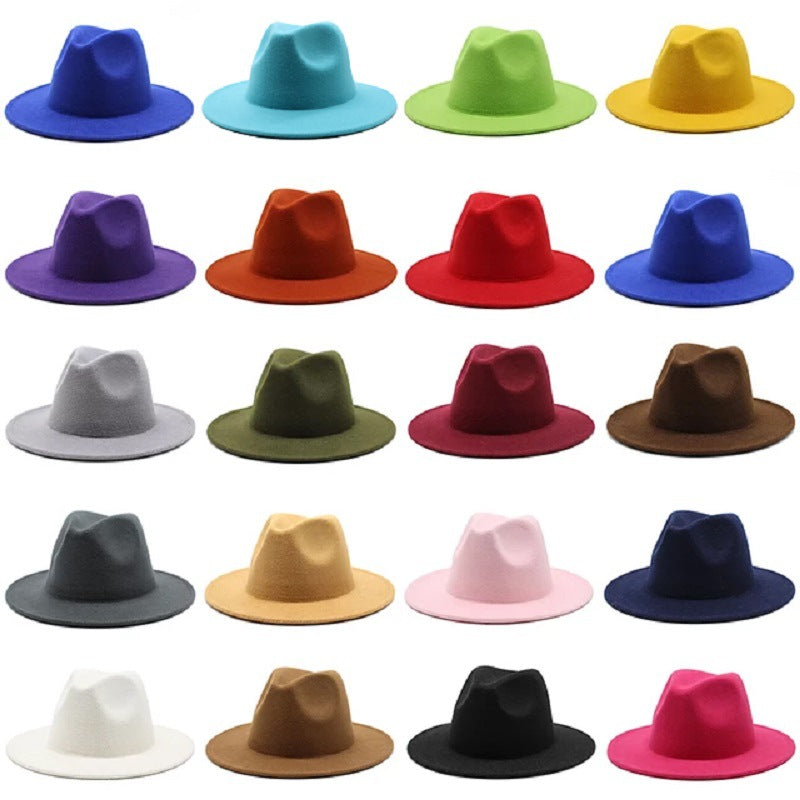 Thickened high-quality cross-border solid-color felt hat men and women autumn and winter retro jazz hat European and American 7cm flat brim woolen hat