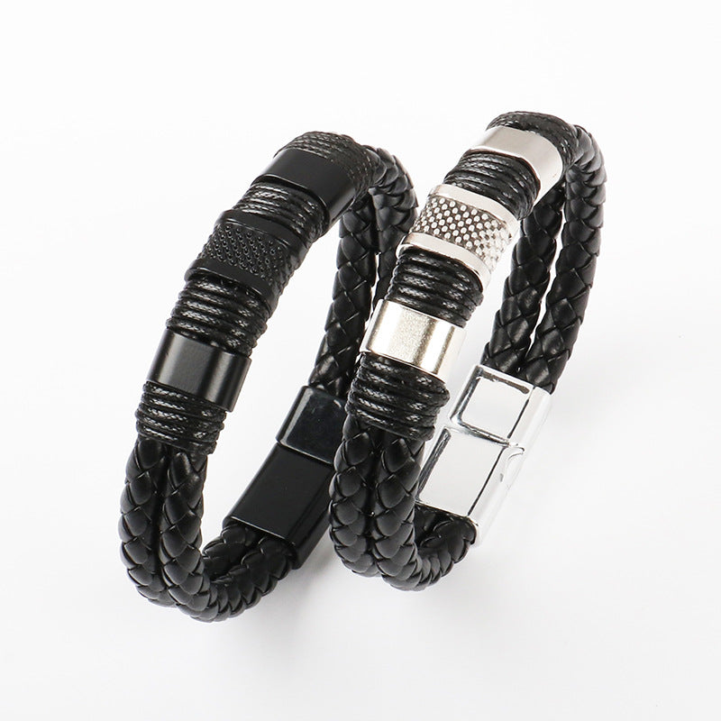 Leather bracelet men's cross-border double-layer leather bracelet stainless steel handmade magnetic buckle bracelet