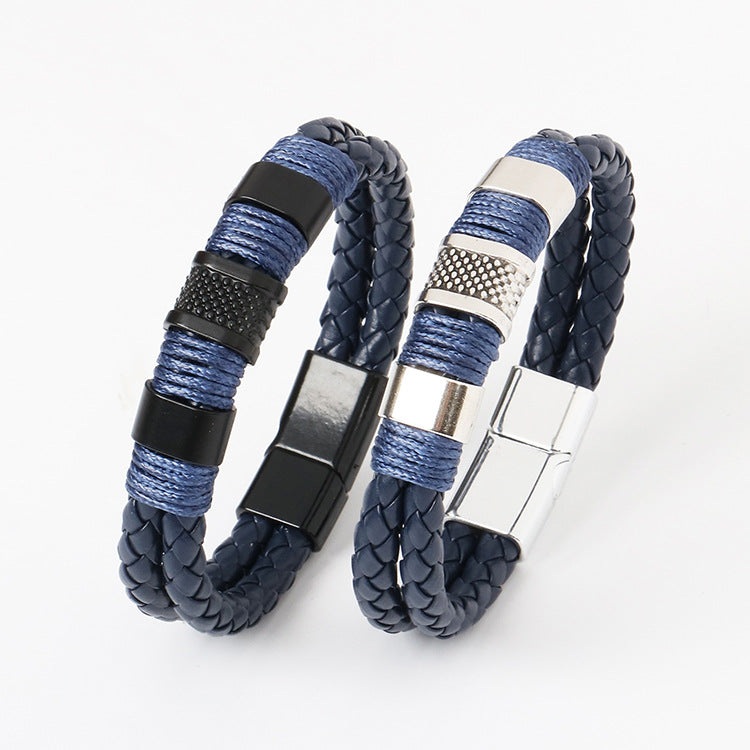 Leather bracelet men's cross-border double-layer leather bracelet stainless steel handmade magnetic buckle bracelet