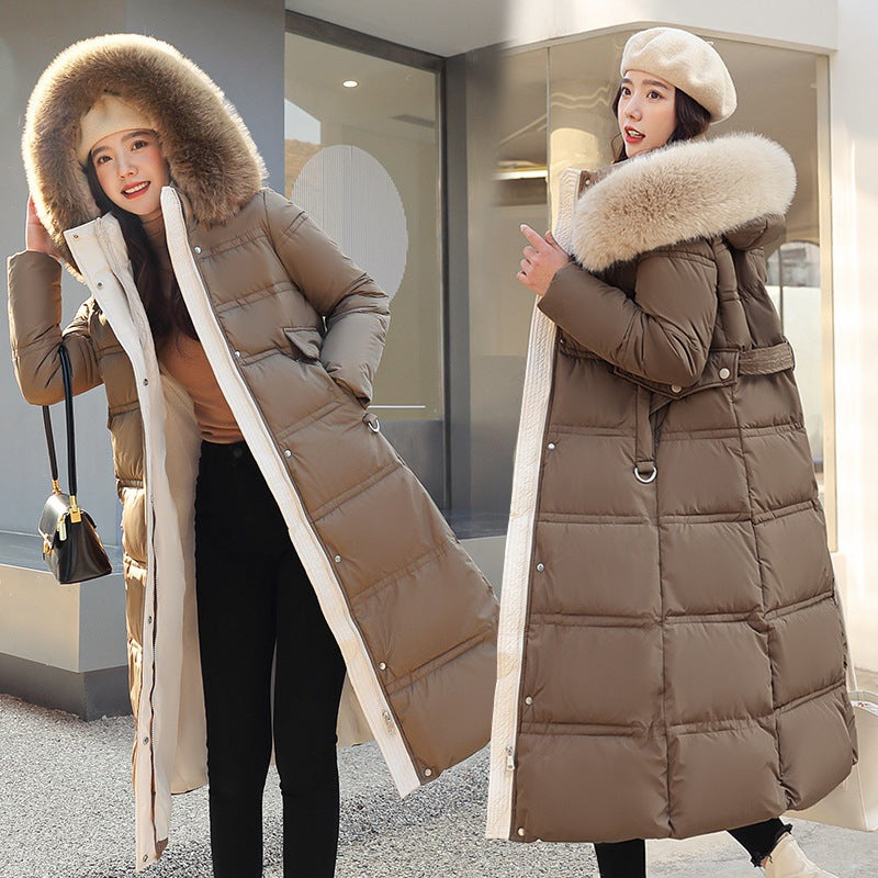 2024 Winter New Down Cotton Jacket Women's Long Over-the-Knee Large Fur Collar Cotton Jacket Thickened Loose Large Size Cotton Jacket Jacket