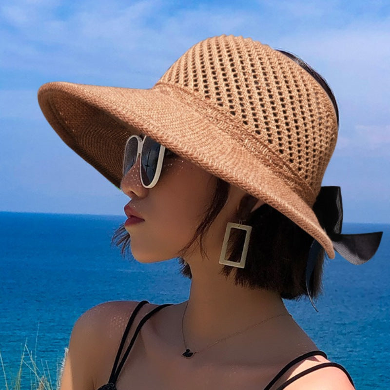 2022 new summer hat women's sun hat empty top straw hat big brim bow foldable beach hat sun protection hat
