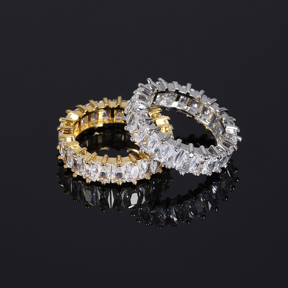 European and American hip-hop 6mm single-row T-square zircon ring real gold electroplating personality design hiphop men and women couple rings