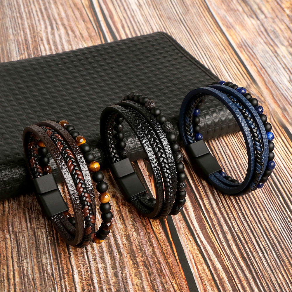 Amazon Men's Handmade Bracelet Men's Braided Natural Obsidian Bracelet Hand Decor Beaded Bracelet Bracelet Wholesale