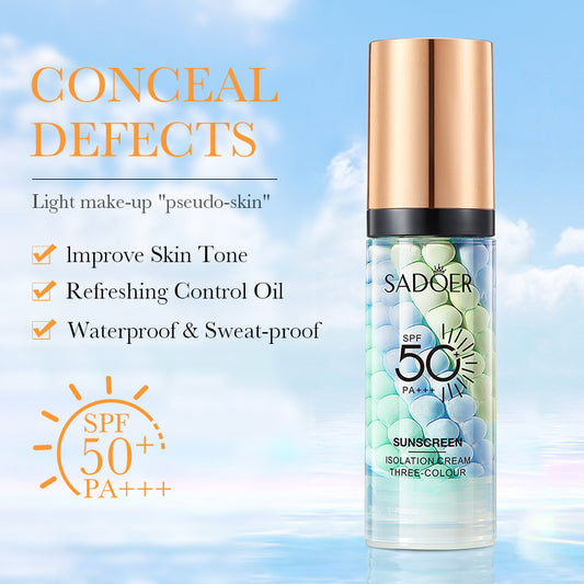 Cross-border foreign trade SADOER three-color sunscreen isolation cream brightens skin tone and moisturizes natural nude makeup sunscreen primer