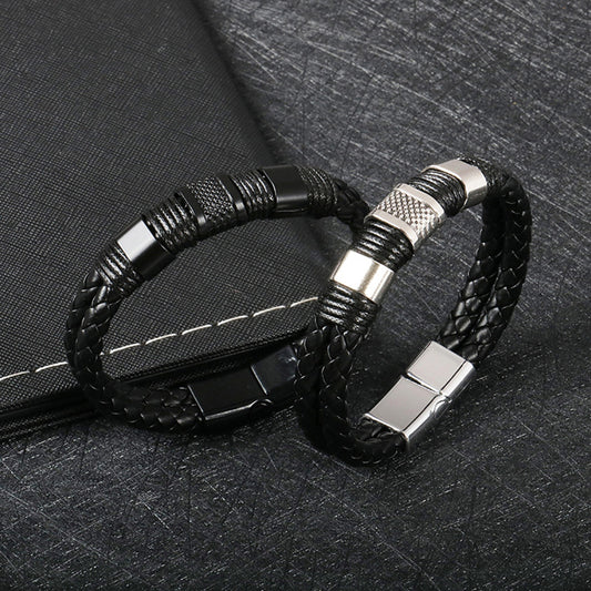 Leather bracelet men's cross-border double-layer leather bracelet stainless steel handmade magnetic buckle bracelet