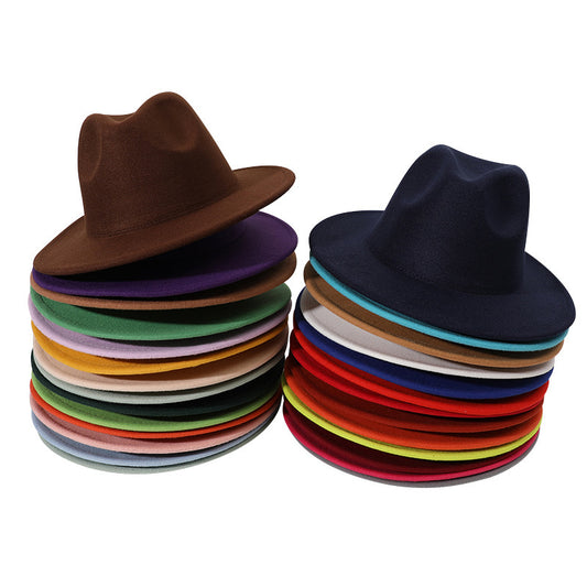 Thickened high-quality cross-border solid-color felt hat men and women autumn and winter retro jazz hat European and American 7cm flat brim woolen hat