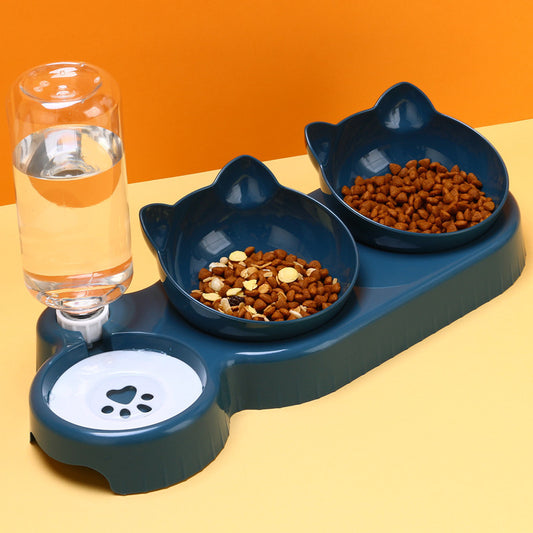 Cat bowl cat food bowl double bowl to protect the cervical vertebra automatic drinking water bowl anti-knockover cat food bowl dog pet supplies