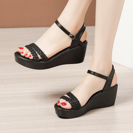 Mid-heel wedge sandals for women 2025 summer new platform thick bottom fish mouth large size 40-43 all-match open toe sandals